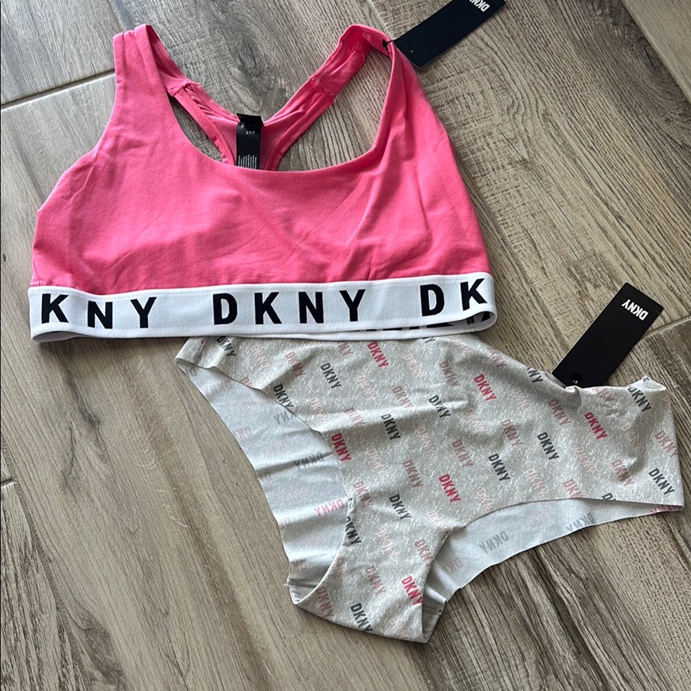 DKNY Pink Bra size XL and Gray Logo Briefs size L all New with tags